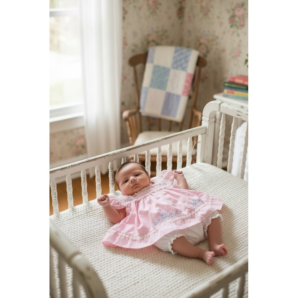 Cradle Togs Dress Baby Girls 0-3M Pink Lace Trim Floral Embroidery vintage Union